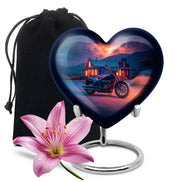 Twilight Blue Bike Cremation Urn detail view - romantic heart urn with bike motif on aluminum - full-size 10 inch 200 cubic inch adult cremation urn