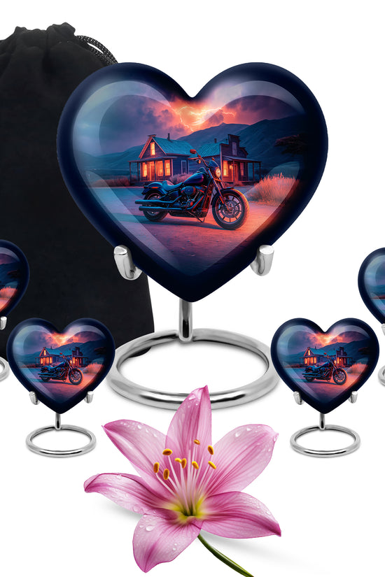 Icy Blue Bike Cremation Urn close-up of engraving and surface detail - heart-shaped bike design symbolizing eternal love - memorial set with one large and four small urns