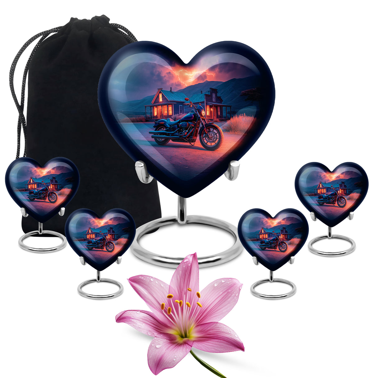 Icy Blue Bike Cremation Urn close-up of engraving and surface detail - heart-shaped bike design symbolizing eternal love - memorial set with one large and four small urns