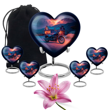 Icy Blue Bike Cremation Urn close-up of engraving and surface detail - heart-shaped bike design symbolizing eternal love - memorial set with one large and four small urns