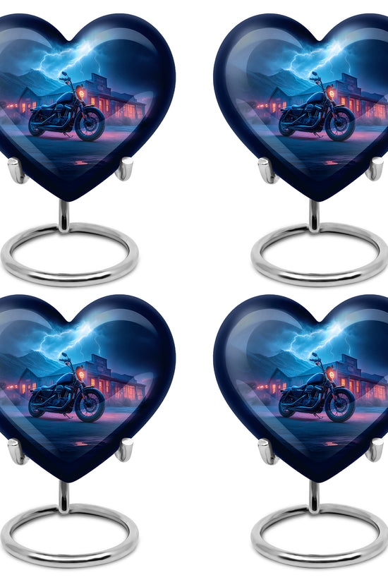 Calming Blue Bike Cremation Urn angled view of lid and engraved motif - romantic heart urn with bike motif on aluminum - 10 inch aluminum urn for cremated remains