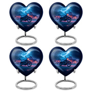 Calming Blue Bike Cremation Urn angled view of lid and engraved motif - romantic heart urn with bike motif on aluminum - 10 inch aluminum urn for cremated remains