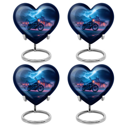 Calming Blue Bike Cremation Urn angled view of lid and engraved motif - romantic heart urn with bike motif on aluminum - 10 inch aluminum urn for cremated remains