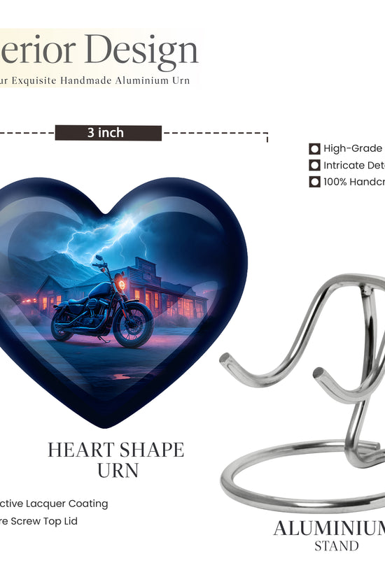 Dusty Blue Bike Cremation Urn front view showing detailed design - heart-shaped bike design symbolizing eternal love - mini keepsake memorial for portion of cremation ashes