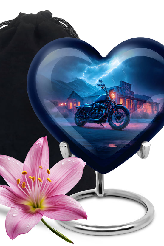 Icy Blue Bike Cremation Urn detail view - loving heart memorial featuring bike pattern - full-size 10 inch 200 cubic inch adult cremation urn
