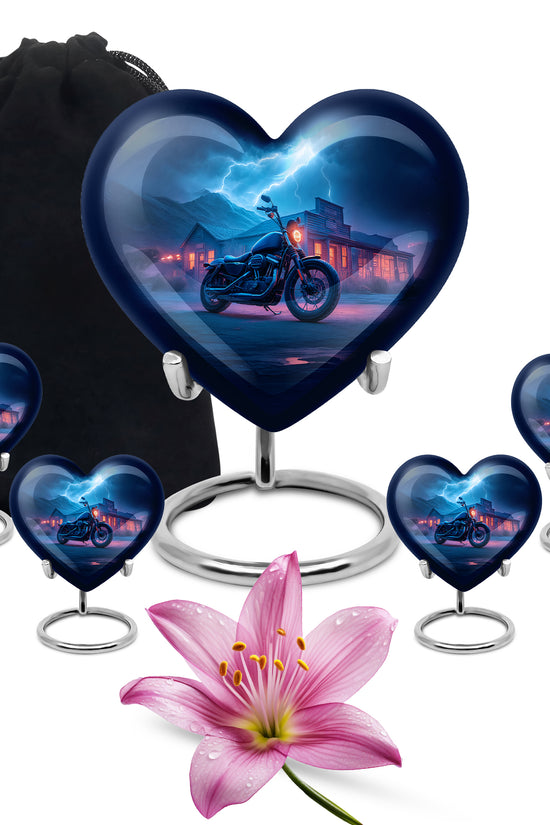 Royal Blue Bike Cremation Urn close-up of engraving and surface detail - romantic heart urn with bike motif on aluminum - memorial set with one large and four small urns