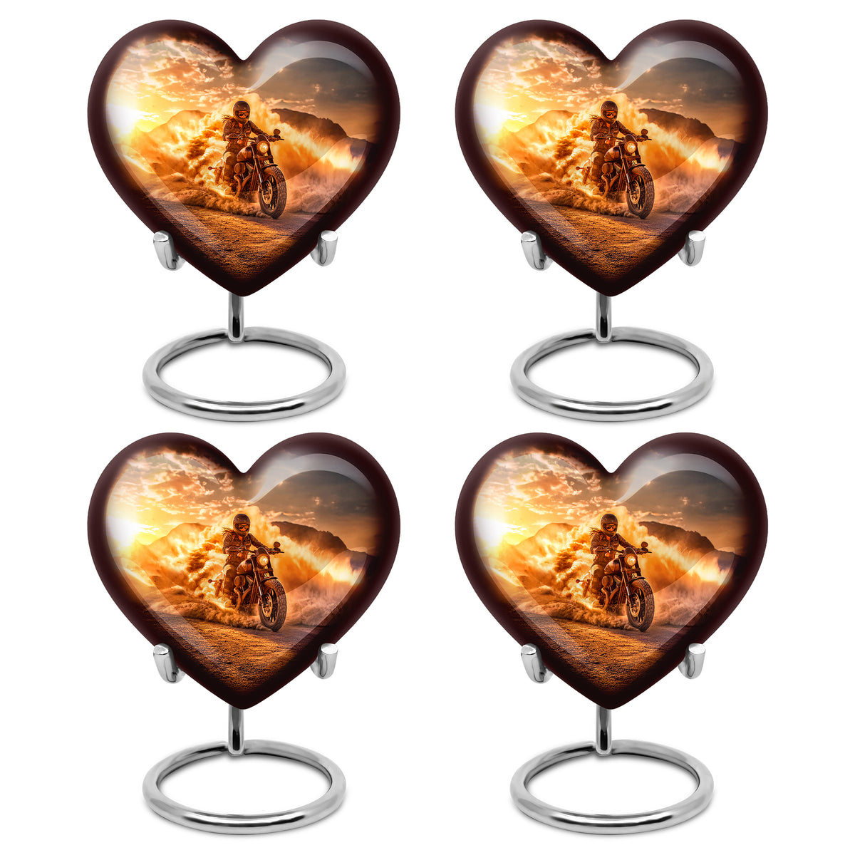 Warm Gold Bike Cremation Urn angled view of lid and engraved motif - compassionate heart-bike combination with gentle curves - 10 inch aluminum urn for cremated remains
