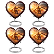 Warm Gold Bike Cremation Urn angled view of lid and engraved motif - compassionate heart-bike combination with gentle curves - 10 inch aluminum urn for cremated remains