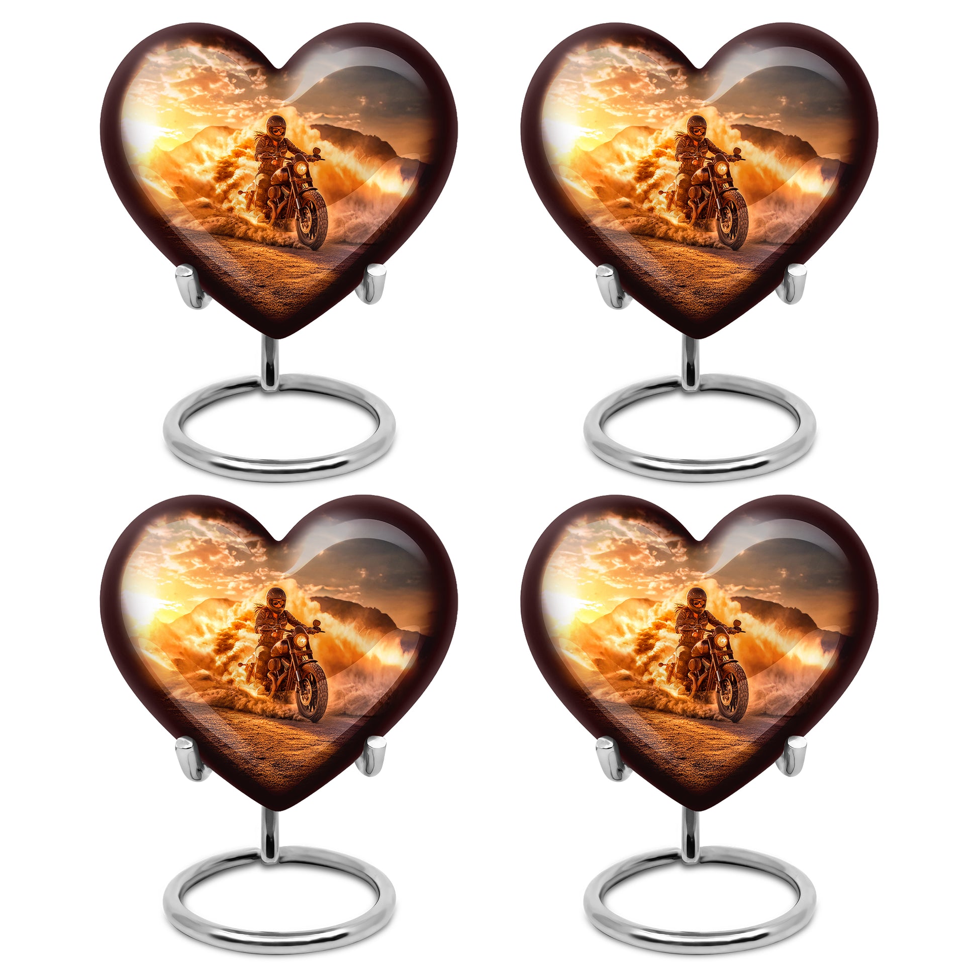 Warm Gold Bike Cremation Urn angled view of lid and engraved motif - compassionate heart-bike combination with gentle curves - 10 inch aluminum urn for cremated remains