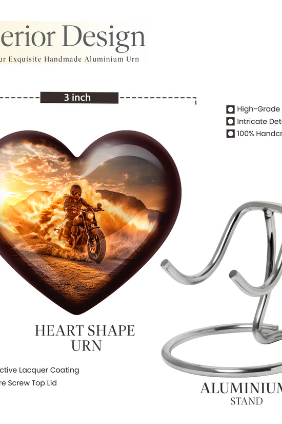 Antique Gold Bike Cremation Urn front view showing detailed design - loving heart memorial featuring bike pattern - mini keepsake memorial for portion of cremation ashes