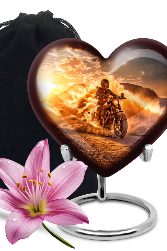 Warm Gold Bike Cremation Urn detail view - compassionate heart-bike combination with gentle curves - full-size 10 inch 200 cubic inch adult cremation urn