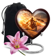 Warm Gold Bike Cremation Urn detail view - compassionate heart-bike combination with gentle curves - full-size 10 inch 200 cubic inch adult cremation urn