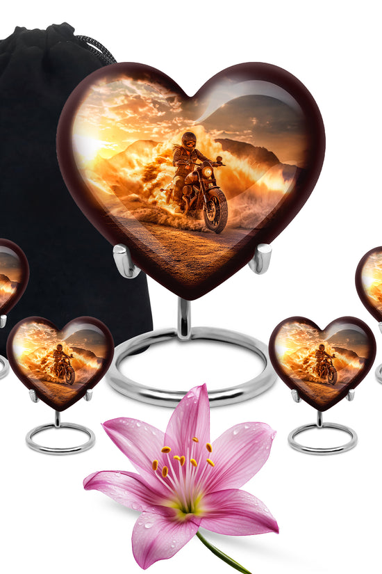 Amber Gold Bike Cremation Urn close-up of engraving and surface detail - heart-shaped bike design symbolizing eternal love - memorial set with one large and four small urns