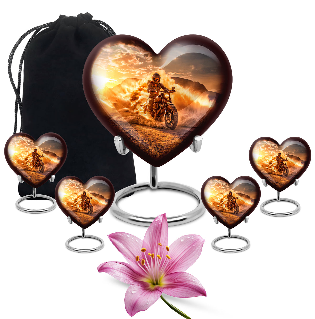 Amber Gold Bike Cremation Urn close-up of engraving and surface detail - heart-shaped bike design symbolizing eternal love - memorial set with one large and four small urns