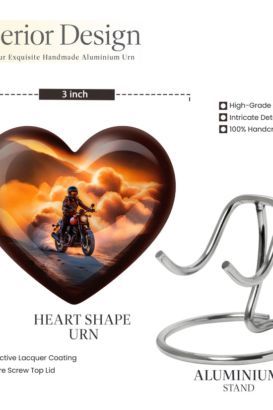 Amber Gold Bike Cremation Urn front view showing detailed design - loving heart memorial featuring bike pattern - mini keepsake memorial for portion of cremation ashes