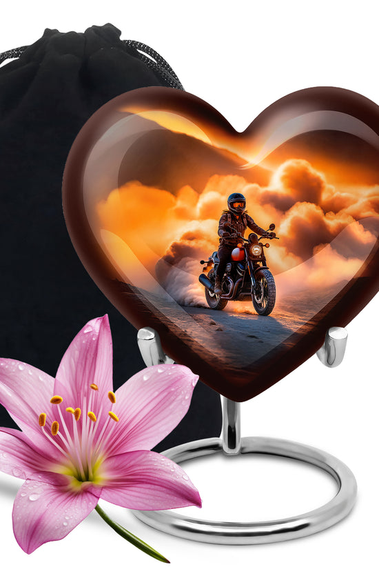 Harvest Gold Bike Cremation Urn detail view - compassionate heart-bike combination with gentle curves - full-size 10 inch 200 cubic inch adult cremation urn