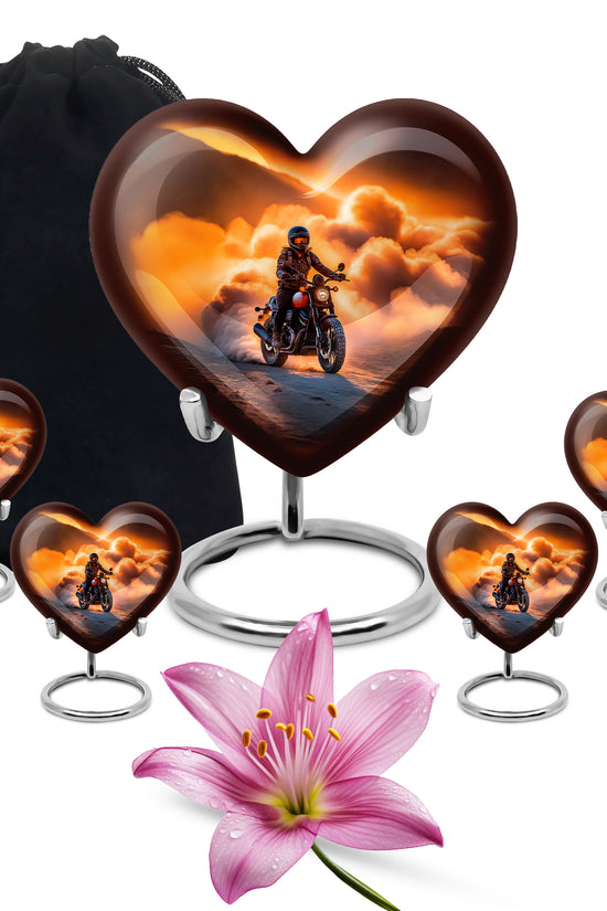 Champagne Gold Bike Cremation Urn close-up of engraving and surface detail - heart-shaped bike design symbolizing eternal love - memorial set with one large and four small urns