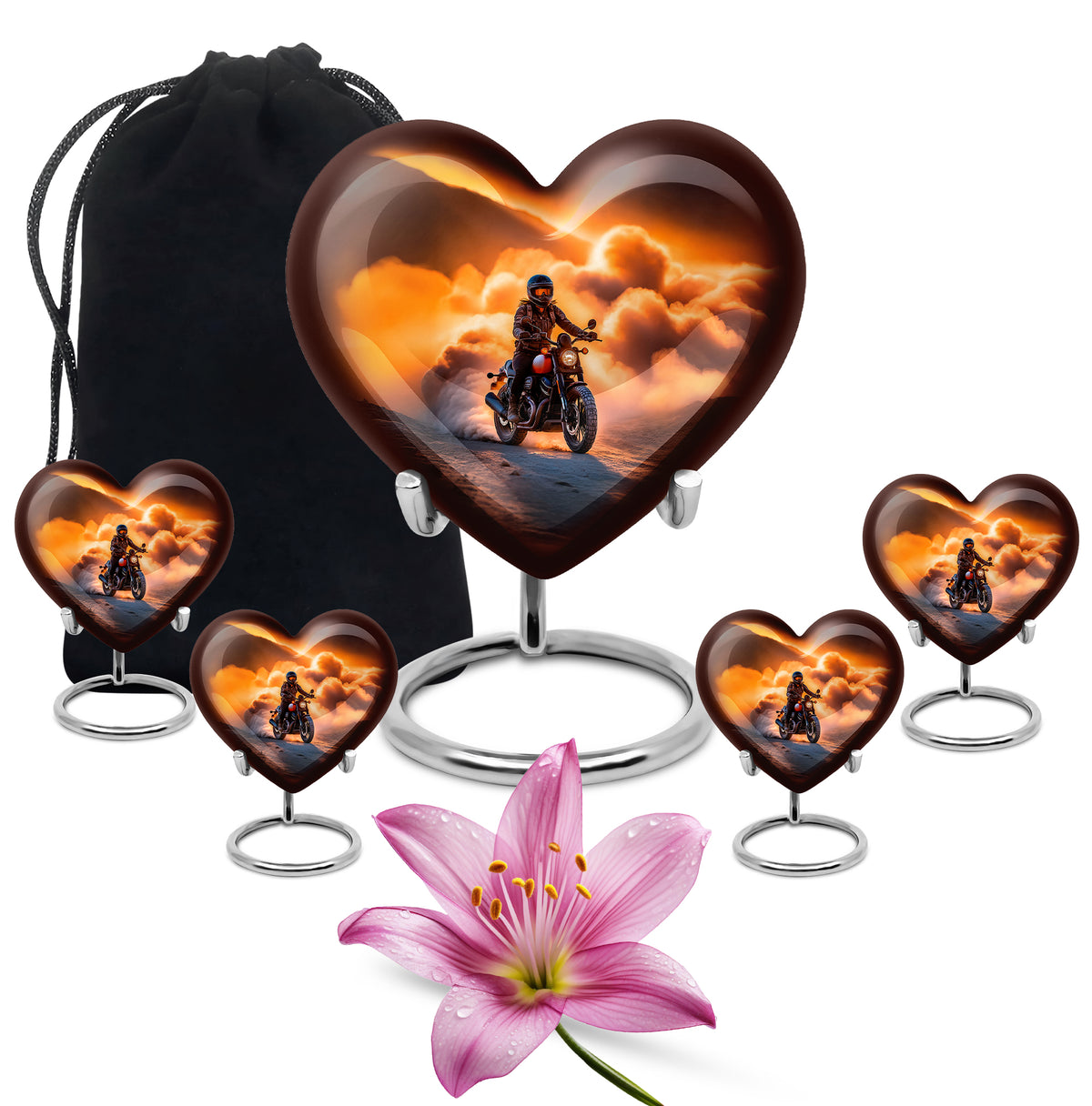 Champagne Gold Bike Cremation Urn close-up of engraving and surface detail - heart-shaped bike design symbolizing eternal love - memorial set with one large and four small urns