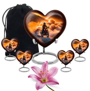 Champagne Gold Bike Cremation Urn close-up of engraving and surface detail - heart-shaped bike design symbolizing eternal love - memorial set with one large and four small urns