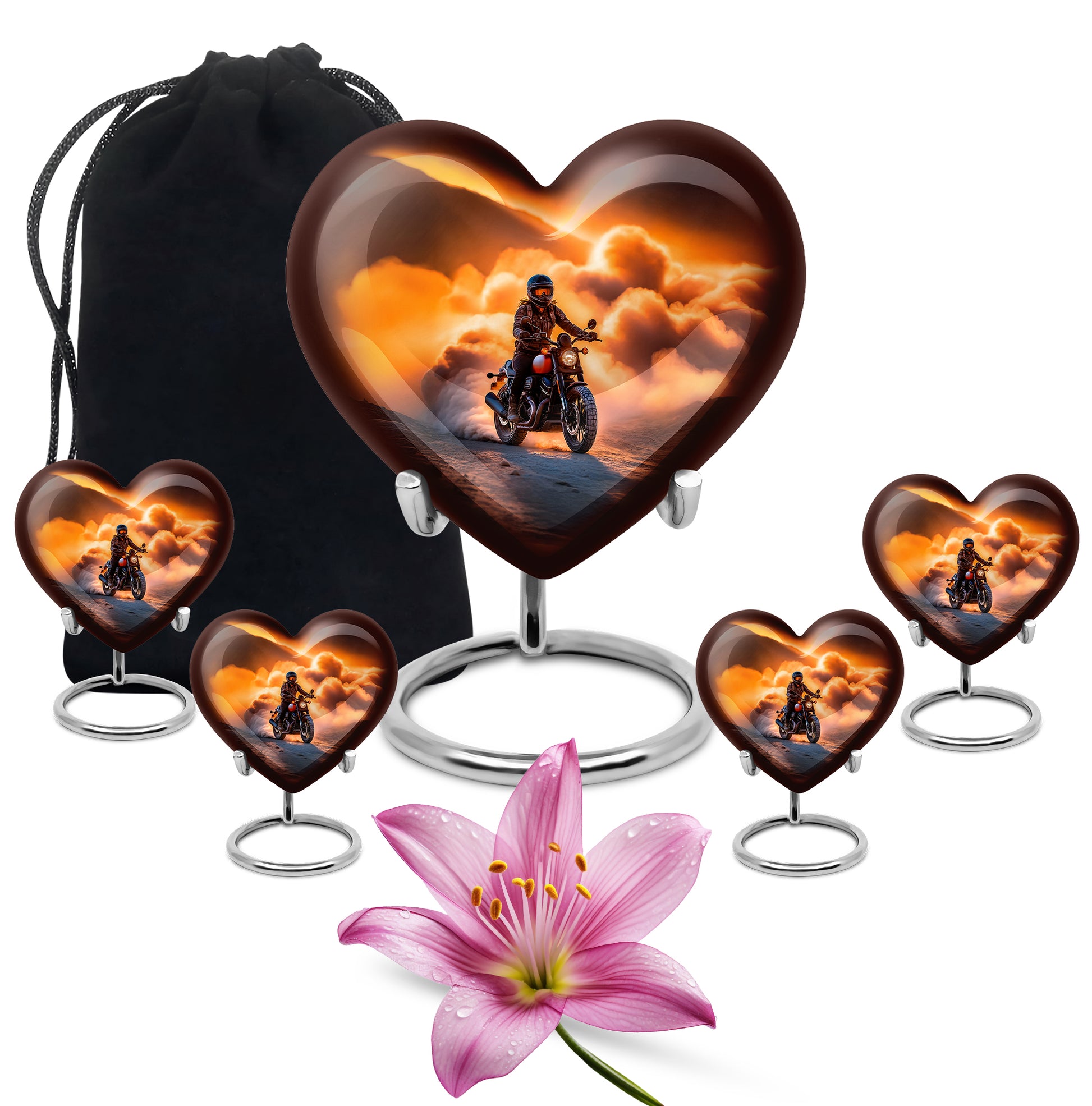 Champagne Gold Bike Cremation Urn close-up of engraving and surface detail - heart-shaped bike design symbolizing eternal love - memorial set with one large and four small urns