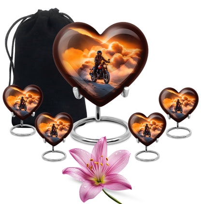 Champagne Gold Bike Cremation Urn close-up of engraving and surface detail - heart-shaped bike design symbolizing eternal love - memorial set with one large and four small urns