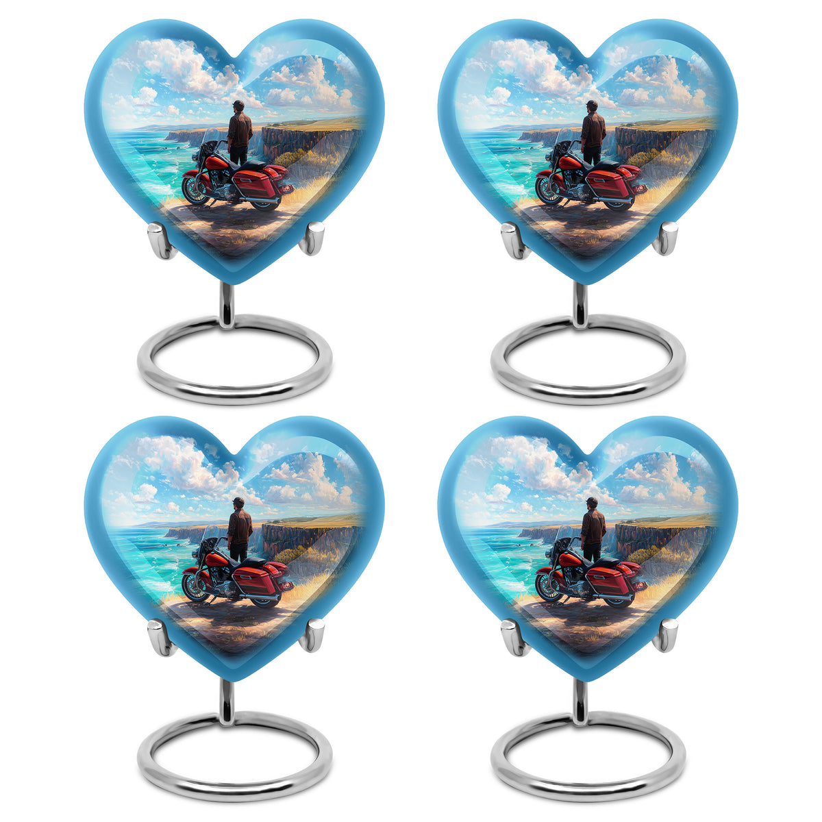 Soft Blue Bike Cremation Urn angled view of lid and engraved motif - romantic heart urn with bike motif on aluminum - 10 inch aluminum urn for cremated remains