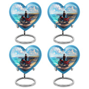 Soft Blue Bike Cremation Urn angled view of lid and engraved motif - romantic heart urn with bike motif on aluminum - 10 inch aluminum urn for cremated remains