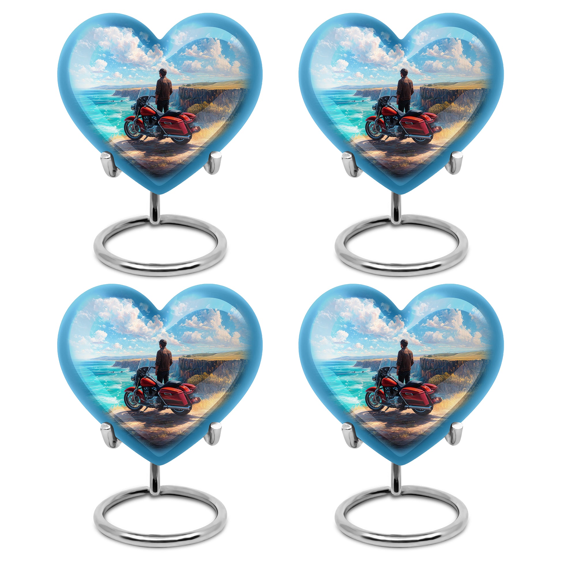 Soft Blue Bike Cremation Urn angled view of lid and engraved motif - romantic heart urn with bike motif on aluminum - 10 inch aluminum urn for cremated remains