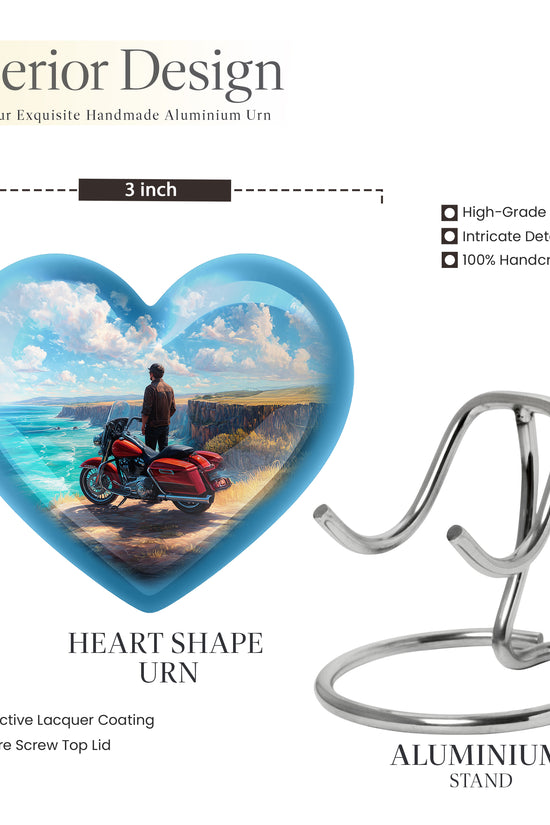 Serene Blue Bike Cremation Urn front view showing detailed design - romantic heart urn with bike motif on aluminum - mini keepsake memorial for portion of cremation ashes