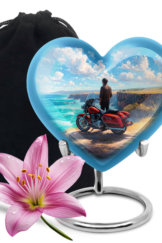 Cornflower Blue Bike Cremation Urn detail view - compassionate heart-bike combination with gentle curves - full-size 10 inch 200 cubic inch adult cremation urn