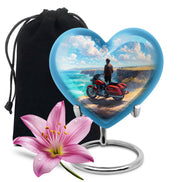 Cornflower Blue Bike Cremation Urn detail view - compassionate heart-bike combination with gentle curves - full-size 10 inch 200 cubic inch adult cremation urn