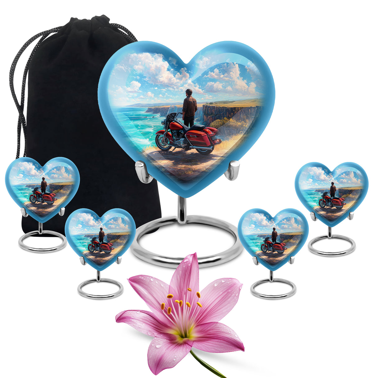 Calming Blue Bike Cremation Urn close-up of engraving and surface detail - romantic heart urn with bike motif on aluminum - memorial set with one large and four small urns