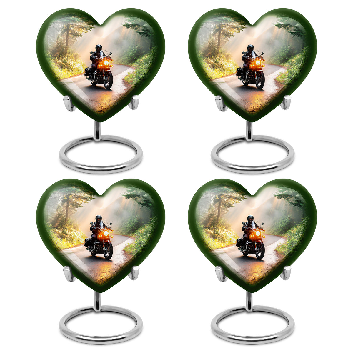 Royal Gold Bike Cremation Urn angled view of lid and engraved motif - compassionate heart-bike combination with gentle curves - 10 inch aluminum urn for cremated remains