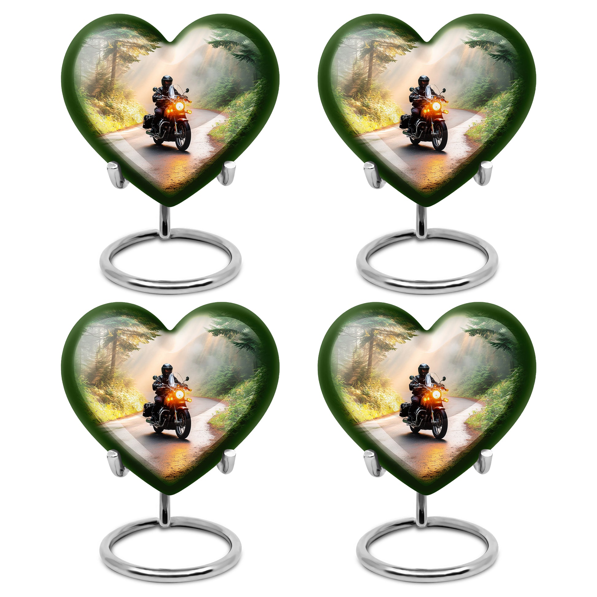 Royal Gold Bike Cremation Urn angled view of lid and engraved motif - compassionate heart-bike combination with gentle curves - 10 inch aluminum urn for cremated remains