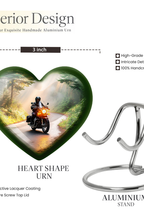 Amber Gold Bike Cremation Urn front view showing detailed design - heart-shaped bike design symbolizing eternal love - mini keepsake memorial for portion of cremation ashes