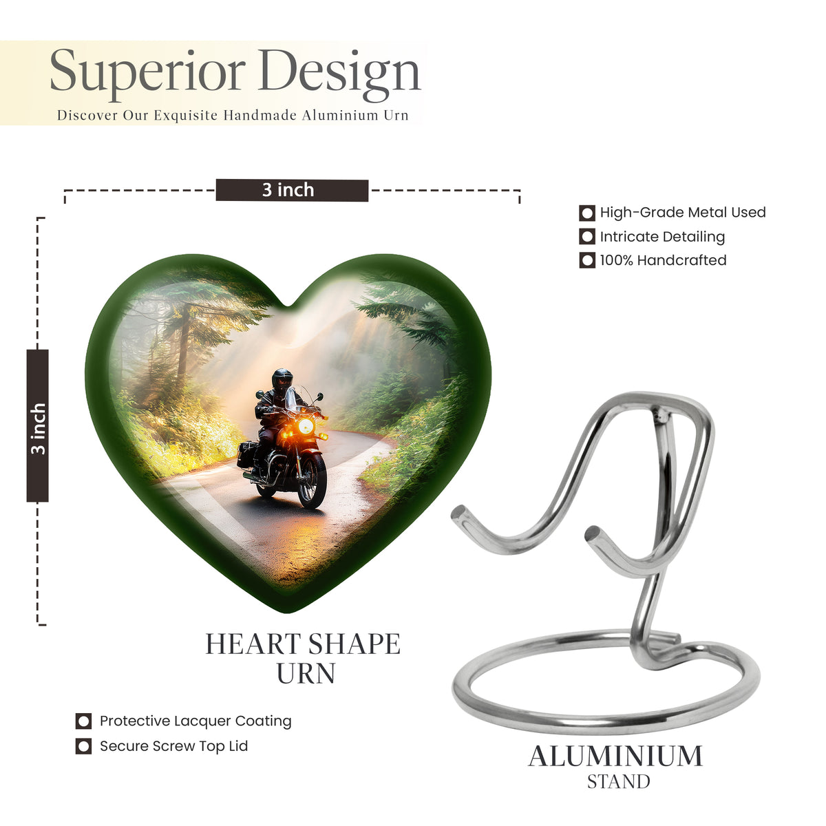 Amber Gold Bike Cremation Urn front view showing detailed design - heart-shaped bike design symbolizing eternal love - mini keepsake memorial for portion of cremation ashes