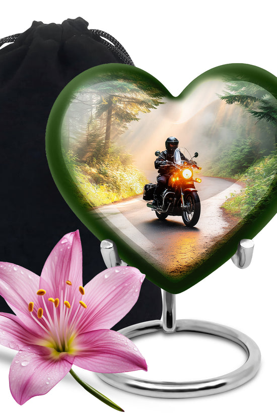 Matte Gold Bike Cremation Urn detail view - compassionate heart-bike combination with gentle curves - full-size 10 inch 200 cubic inch adult cremation urn