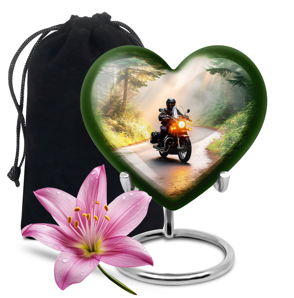 Matte Gold Bike Cremation Urn detail view - compassionate heart-bike combination with gentle curves - full-size 10 inch 200 cubic inch adult cremation urn