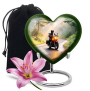 Matte Gold Bike Cremation Urn detail view - compassionate heart-bike combination with gentle curves - full-size 10 inch 200 cubic inch adult cremation urn