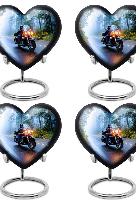 Celestial Blue Bike Cremation Urn angled view of lid and engraved motif - loving heart memorial featuring bike pattern - 10 inch aluminum urn for cremated remains