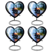 Celestial Blue Bike Cremation Urn angled view of lid and engraved motif - loving heart memorial featuring bike pattern - 10 inch aluminum urn for cremated remains