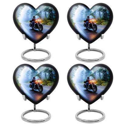 Celestial Blue Bike Cremation Urn angled view of lid and engraved motif - loving heart memorial featuring bike pattern - 10 inch aluminum urn for cremated remains