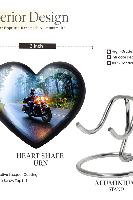 Powder Blue Bike Cremation Urn front view showing detailed design - loving heart memorial featuring bike pattern - mini keepsake memorial for portion of cremation ashes