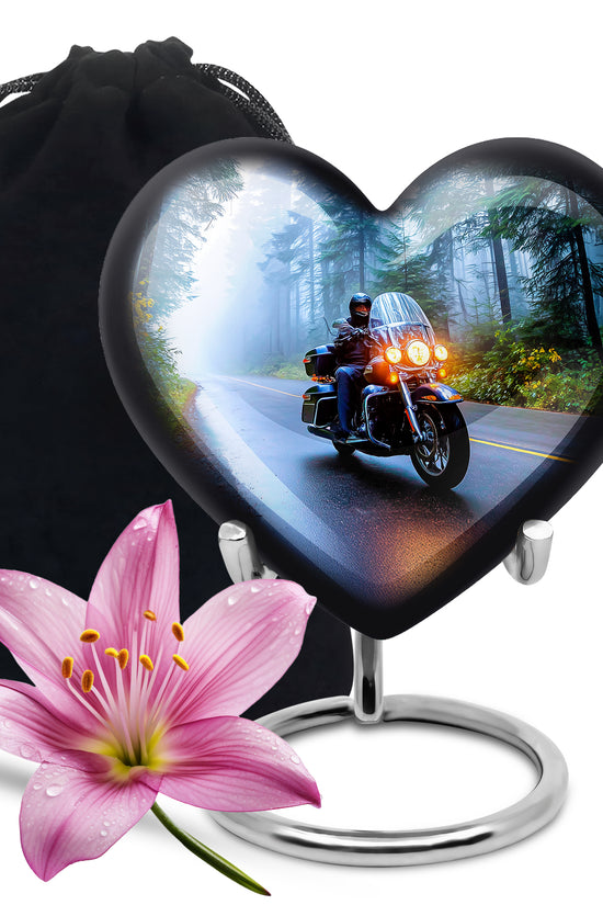Bright Blue Bike Cremation Urn detail view - romantic heart urn with bike motif on aluminum - full-size 10 inch 200 cubic inch adult cremation urn