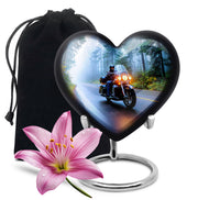 Bright Blue Bike Cremation Urn detail view - romantic heart urn with bike motif on aluminum - full-size 10 inch 200 cubic inch adult cremation urn