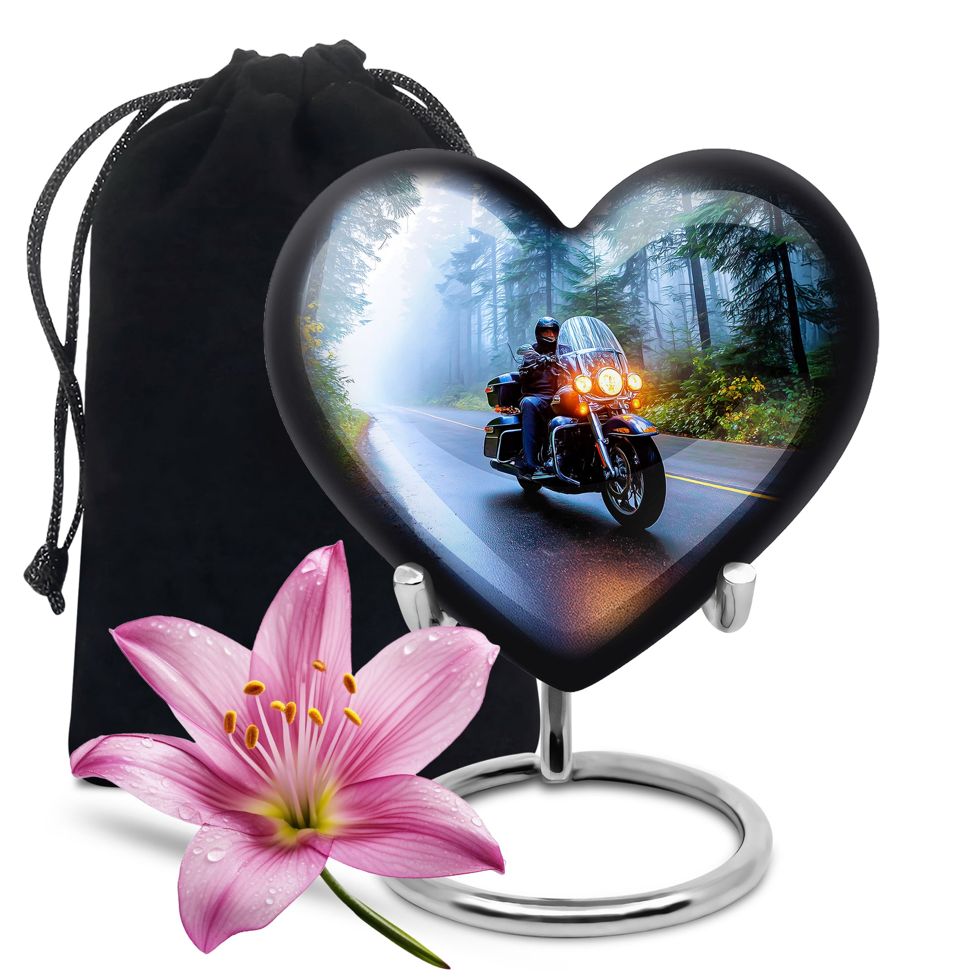 Bright Blue Bike Cremation Urn detail view - romantic heart urn with bike motif on aluminum - full-size 10 inch 200 cubic inch adult cremation urn