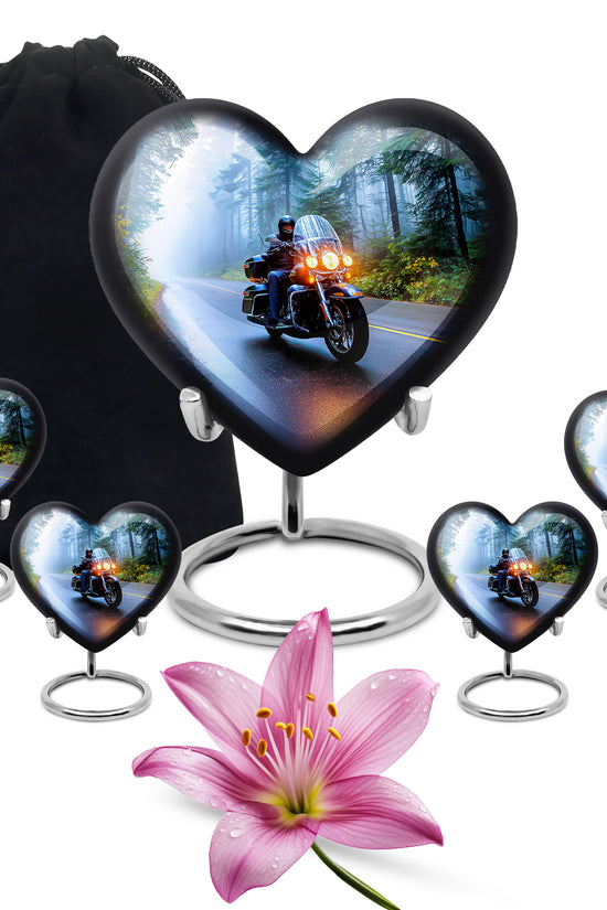 Calming Blue Bike Cremation Urn close-up of engraving and surface detail - romantic heart urn with bike motif on aluminum - memorial set with one large and four small urns