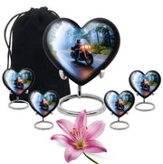 Calming Blue Bike Cremation Urn close-up of engraving and surface detail - romantic heart urn with bike motif on aluminum - memorial set with one large and four small urns