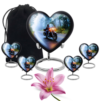 Calming Blue Bike Cremation Urn close-up of engraving and surface detail - romantic heart urn with bike motif on aluminum - memorial set with one large and four small urns