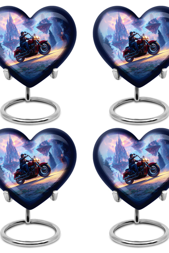 Bright Blue Bike Cremation Urn angled view of lid and engraved motif - compassionate heart-bike combination with gentle curves - 10 inch aluminum urn for cremated remains